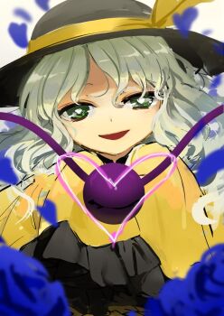 Rule 34 | 1girl, black hat, blue flower, blue rose, bow, eyeball, flower, frilled shirt collar, frilled sleeves, frills, green eyes, green hair, hat, hat bow, hat ribbon, heart, komeiji koishi, ribbon, rose, shirt, sleeves past wrists, smile, suna (s73d), third eye, touhou, wide sleeves, yellow bow, yellow ribbon, yellow shirt