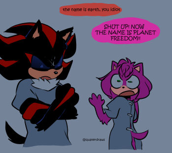 1boy 1girl alternate_universe amy_rose angry animal_ears animal_nose annoyed bare_arms black_fur closed_eyes constricted_pupils crossed_arms furry furry_male hedgehog_boy hedgehog_girl highres looking_at_another open_mouth pink_fur quaverdraws red_fur red_streaks ruining_the_glorious_moment shadow_the_hedgehog short_tail sonic_(series) tail two-tone_fur v-shaped_eyebrows