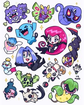 Rule 34 | 1boy, 1girl, arbok, blue hair, blush, bright pupils, cacnea, chibi, chimecho, commentary, dustox, earrings, english commentary, fangs, gen 1 pokemon, gen 2 pokemon, gen 3 pokemon, gen 4 pokemon, gen 6 pokemon, gen 7 pokemon, gloves, highres, inkay, james (pokemon), jessie (pokemon), jewelry, long hair, mamobot, meowth, mime jr., mimikyu, nintendo, open mouth, pink hair, poke ball, poke ball (basic), pokemon, pokemon (anime), pokemon (creature), pokemon bw (anime), seviper, short hair, simple background, smile, star (symbol), sweat, team rocket, team rocket uniform, victreebel, weezing, white background, white pupils, wobbuffet
