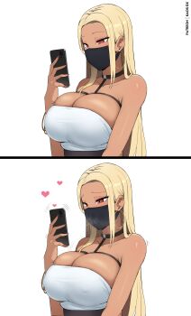 1girl absurdres bare_shoulders black_choker blonde_hair blush bracelet breasts brown_eyes cellphone choker cleavage commentary ear_piercing earrings english_commentary heart highres holding holding_phone hoop_earrings huge_breasts jewelry kaos_art long_hair looking_at_phone mask mouth_mask original patreon_username phone piercing simple_background skindentation smartphone solo split_screen strapless tan tube_top white_background