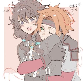 armor black_armor black_hair blue_eyes blush commentary_request couple evefes0805 flustered green_eyes headband hetero hug hug_from_behind husband_and_wife katya_aurelie orange_hair re:zero_kara_hajimeru_isekai_seikatsu short_twintails todd_fang twintails