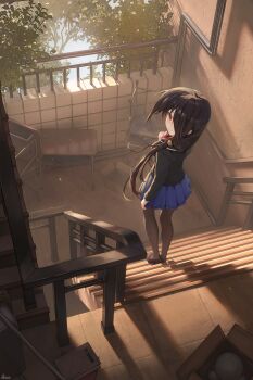 absurdres arus black_hair black_jacket blue_skirt book commentary_request date_a_live desk highres jacket legs pantyhose red_eyes red_ribbon ribbon school school_desk school_uniform skirt stairs tokisaki_kurumi tree