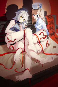 2girls absurdres azur_lane barefoot blonde_hair blue_eyes eyepatch feet highres le_terrible_(azur_lane) long_hair looking_at_viewer multiple_girls panties parted_lips soles toes underwear white_hair xihongshiniuroubao_zipora yellow_eyes z46_(azur_lane)