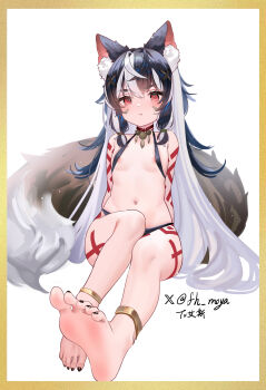 1girl absurdres animal_ear_fluff animal_ears anklet bare_shoulders barefoot black_hair black_nails blush border brown_border facial_mark fh_moya hair_between_eyes highres jewelry long_hair looking_at_viewer multicolored_hair nail_polish nipple_slip nipples original red_eyes sitting soles solo tail tattoo thick_eyebrows toenail_polish toenails two-tone_hair very_long_hair white_background white_hair