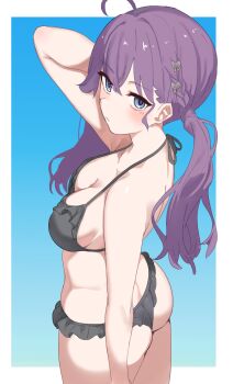 1girl ahoge ass bikini black_bikini blue_background blue_eyes blush border braid breasts cleavage closed_mouth commentary_request cowboy_shot frilled_bikini frills gakuen_idolmaster gradient_background halterneck idolmaster kaya_rinha long_hair looking_at_viewer low_twintails medium_breasts outside_border purple_hair side_braid solo soyo1558686 string_bikini swimsuit twintails white_border