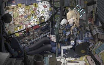 Rule 34 | 1girl, absurdres, animal ear fluff, animal ears, ar-15, black gloves, black pantyhose, blue archive, blue eyes, blue halo, blue necktie, blue skirt, boots, bulletproof vest, chair, coffee mug, commentary request, crossed legs, cup, dog ears, dog girl, gloves, grey boots, grey shirt, gun, hair over one eye, halo, high heel boots, high heels, highres, holding, holding cup, holding gun, holding weapon, indoors, kanna (blue archive), korean commentary, kral (auux4442), long hair, mixed-language commentary, mug, necktie, on chair, pantyhose, parted lips, rifle, sharp teeth, shirt, sitting, skirt, smile, solo, teeth, weapon