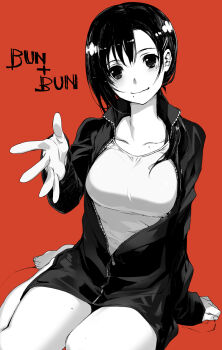 1girl black_hair blush breast_expansion breasts bunbun collarbone commentary_request greyscale_with_colored_background hair_ornament hairclip highres jacket large_breasts mole mole_on_collarbone mole_on_thigh mole_under_eye mole_under_mouth multiple_moles original outstretched_hand short_hair sitting solo variant_set yokozuwari zipper