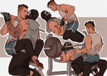 2boys absurdres arm_hair astheriiiart bara barbell beard_stubble black_hair call_of_duty call_of_duty:_modern_warfare_2 couple dolphin_shorts exercising facial_hair feet_out_of_frame ghost_(modern_warfare_2) highres holding_hands hood hoodie jitome kiss male_focus mask mature_male multiple_boys multiple_views muscular muscular_male mustache_stubble pectorals scar short_hair shorts sidepec skull_mask sleeveless sleeveless_hoodie soap_(modern_warfare_2) stubble tank_top thick_eyebrows undercut weightlifting weightlifting_spotter white_tank_top yaoi