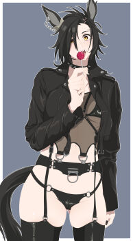 1girl absurdres air_shakur_(umamusume) alternate_costume animal_ear_piercing animal_ears bikini black_bikini black_choker black_hair black_jacket black_nails black_thighlet bow breasts candy choker collar collared_jacket commentary_request commission cowboy_shot cropped_jacket ear_ornament eyebrow_piercing face_piercing flat_chest food garter_straps gluteal_fold grey_background hair_over_one_eye highres holding holding_candy holding_food holding_lollipop horse_ears horse_girl horse_tail jacket kumabachi315 large_breasts leather leather_jacket licking lollipop long_hair long_sleeves looking_at_viewer nail_polish o-ring_bikini_bottom one_eye_closed open_clothes open_jacket open_mouth outside_border piercing sharp_teeth simple_background skeb_commission skindentation smile solo spiked_choker spiked_collar spikes swimsuit tail teeth thick_thighs thighhighs thighs tongue tongue_out umamusume very_long_hair white_bow wide_hips yellow_eyes
