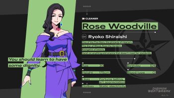 1girl belt breasts character_profile digimon digimon_beatbreak dress english_text highres long_hair looking_at_viewer nail_polish official_art profile purple_dress rose_woodville smile toei_company