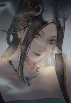 Rule 34 | 1girl, bare shoulders, bead necklace, beads, black hair, braid, chinese clothes, collarbone, dragon hair ornament, earrings, facial mark, gold earrings, green eyes, grey background, hair ornament, half updo, highres, huadian, jewelry, long hair, looking at viewer, necklace, parted lips, path to nowhere, see-through clothes, see-through veil, simple background, sleeves past fingers, sleeves past wrists, solo, upper body, veil, veil lift, yosomaru, yugu (path to nowhere)