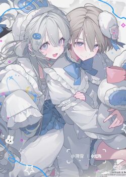 blue_eyes bow closed_mouth coat couple dress grey_hair hair_between_eyes hair_ornament highres holding long_hair long_sleeves non-web_source open_mouth purple_eyes ribbon shirt short_hair very_long_hair white_coat yuanyunyu_3y