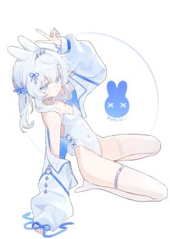 1girl animal_ears arm_up bare_shoulders blue_eyes blue_nails bon_(bony_53) bow breasts bright_pupils clothes_down coat collar commentary covered_navel double-parted_bangs english_commentary full_body hair_bow hair_ornament hairband highres jewelry leotard long_hair looking_at_viewer original playboy_bunny rabbit_ears rabbit_girl rabbit_hair_ornament rabbit_symbol sitting small_breasts spiked_hairband spikes thighlet v wariza white_background white_coat white_collar white_hair white_leotard white_pupils x_hair_ornament x_x