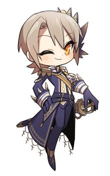 Rule 34 | 1girl, belt, black belt, black gloves, black jacket, black pants, blonde hair, chibi, chibi only, closed mouth, commentary request, epaulettes, full body, gloves, hand on hilt, hasumi leia, jacket, long sleeves, looking at viewer, mahou shoujo no majo saiban, one eye closed, pants, sash, sheath, sheathed, short hair, shoulder sash, simple background, smile, solo, standing, suno (imydream), sword, weapon, white background, yellow eyes