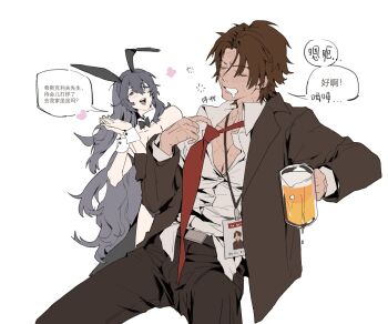 2boys animal_ears aqua_eyes beer_mug belt black_belt black_bow black_bowtie black_eyes black_leotard black_pants blue_hair bow bowtie brown_hair chinese_text closed_eyes commentary_request cup detached_collar facial_scar heathcliff_(project_moon) heterochromia highres hong_lu_(project_moon) id_card leotard limbus_company long_hair magiiiii male_playboy_bunny mug multiple_boys necktie pants project_moon rabbit_ears red_necktie scar scar_on_cheek scar_on_face scar_on_neck sidelocks translation_request very_long_hair wavy_hair