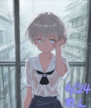 1girl alternate_costume artist_name black_neckerchief blue_eyes blue_skirt dated grey_hair highres kantai_collection looking_at_viewer neckerchief rain ren_(pawer1945) sailor_collar sailor_shirt shirt short_hair skirt solo wet wet_clothes white_sailor_collar white_shirt z1_leberecht_maass_(kancolle)