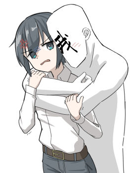 1boy 1girl akts625 androgynous anger_vein angry annoyed aqua_eyes artist_self-insert belt belt_buckle black_hair black_pants blush bright_pupils brown_belt buckle collared_shirt commentary disgust dress_shirt faceless faceless_male flat_chest front-to-back gloom_(expression) hair_between_eyes hands_on_another&#039;s_arms highres hug hug_from_behind kino_(kino_no_tabi) kino_no_tabi long_sleeves pants parted_lips petite romaji_commentary shirt short_hair simple_background tomboy translated trembling v-shaped_eyebrows very_short_hair wavy_mouth white_background white_pupils white_shirt
