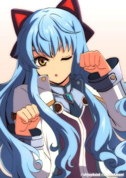 1girl akane_kazami animal_ear_hairband animal_ears ao_no_kiseki black_hairband blue_hair cat_ear_hairband cat_ears eiyuu_densetsu fake_animal_ears hairband hajimari_no_kiseki highres jacket long_hair looking_at_viewer one_eye_closed open_mouth paw_pose simple_background tio_plato white_jacket yellow_eyes