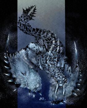 absurdres aurora_somnacanth_(monster_hunter) barioth blue_eyes calligraphy_brush_(medium) claws deadpool_yuchan dragon frost frostfang_barioth glowing glowing_eyes highres long_fangs looking_at_viewer monster monster_focus monster_hunter:_world monster_hunter_(series) no_humans open_mouth pillarboxed scales sharp_teeth signature solo spiked_tail spiked_wings tail teeth white_fur wings wyvern