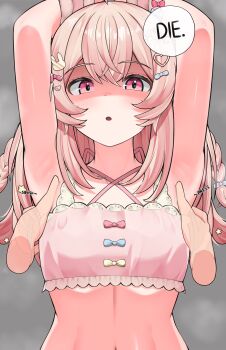 1girl 1other absurdres armpits arms_up bare_shoulders braid breasts commentary crop_top disembodied_hand disgust english_commentary english_text grey_background hair_ornament heart heart_hair_ornament highres long_hair looking_at_viewer nobarts paid_reward_available parted_lips phase_connect pink_eyes pink_hair pink_tank_top pipkin_pippa pipkin_pippa_(1st_costume) rabbit_hair_ornament shaded_face simple_background small_breasts solo_focus sound_effects speech_bubble tank_top twin_braids upper_body variant_set virtual_youtuber