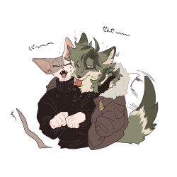 Rule 34 | 1boy, 1girl, animal ears, black sweater, black tank top, body fur, brown jacket, cat boy, cat ears, cat tail, closed eyes, commentary request, cropped torso, fangs, fur-trimmed jacket, fur trim, furry, furry female, furry male, green fur, green hair, hand in pocket, highres, jacket, long hair, long sleeves, multicolored hair, open mouth, original, rata (norahasu), simple background, sphynx (cat), streaked hair, sweater, tail, tail wagging, tank top, tongue, tongue out, translation request, turtleneck, turtleneck sweater, upper body, white background, wolf ears, wolf girl, wolf tail