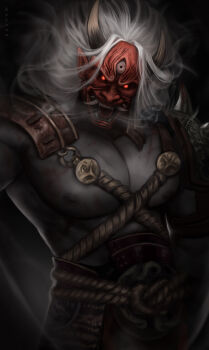 1boy armor black_background dead_by_daylight highres kaysuoae looking_at_viewer mask nipples pauldrons pectorals red_eyes scar shoulder_armor solo standing the_oni_(dead_by_daylight)