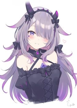 1girl black_dress blush cropped_torso dress fake_horns grey_hair hair_over_one_eye hairband heart highres hololive hololive_english horn_hairband horns koseki_bijou koseki_bijou_(gore_magala) long_hair loveyuzu purple_eyes signature smile virtual_youtuber