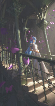 1girl absurdres bare_shoulders blue_hair breasts bug butterfly closed_eyes closed_mouth commentary dress english_commentary full_body hands_on_own_stomach hatsune_miku highres inkrua insect long_dress long_hair medium_breasts off-shoulder_dress off_shoulder pillar purple_butterfly railing scenery solo stairs standing string vocaloid white_dress