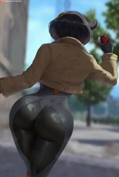 1girl ass ass_focus back black_bodysuit black_hair blue_sky bodysuit bodysuit_under_clothes brown_jacket cropped_jacket dark-skinned_female dark_skin emma_(pokemon) from_behind gloves grey_bodysuit hair_ornament highres holding holding_poke_ball huge_ass jacket latex latex_bodysuit lumiose_city multicolored_gloves nintendo oroborus poke_ball poke_ball_(basic) pokemon pokemon_legends:_z-a sky steaming_body thighs tight_clothes tree two-tone_gloves