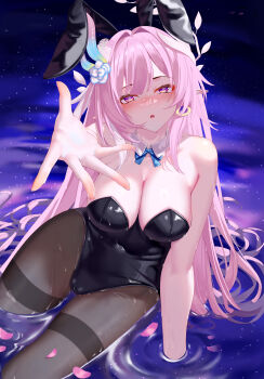 Rule 34 | 1girl, absurdres, alternate costume, animal ears, aoi (buzhuen444), arm support, bare shoulders, black leotard, black pantyhose, blue bow, blue bowtie, blush, bow, bowtie, breasts, cameltoe, cleavage, commentary request, covered navel, cyrene (honkai: star rail), cyrene (ripples of past reverie) (honkai: star rail), diamond-shaped pupils, diamond (shape), fake animal ears, fingernails, flower, hair flower, hair intakes, hair ornament, highres, honkai: star rail, honkai (series), large breasts, leotard, long hair, looking at viewer, nose blush, offering hand, pantyhose, parted lips, partial commentary, pink hair, pink petals, playboy bunny, pointy ears, purple eyes, rabbit ears, sidelocks, solo, strapless, strapless leotard, symbol-shaped pupils, thighband pantyhose, very long hair, wet