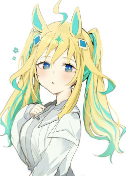 1girl ahoge animal_ears blonde_hair blue_eyes blue_hair blush breasts green_eyes hair_between_eyes hair_ornament hand_on_own_chest highres horse_ears horse_girl jewelry long_hair long_sleeves looking_at_viewer medium_breasts multicolored_eyes multicolored_hair necklace neo_universe_(casual)_(umamusume) neo_universe_(umamusume) pof_(peuplierpof) shirt sidelocks simple_background solo streaked_hair twintails umamusume white_background white_shirt