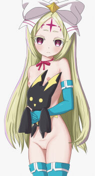 1girl 1other absurdres azunyart blonde_hair blue_gloves blue_thighhighs blush bow breasts cleft_of_venus closed_mouth cowboy_shot dot_nose elbow_gloves expressionless eyebrows eyelashes facial_mark female_focus forehead forehead_mark gloves hair_bow highres holding_person inverted_nipples legs_together light_frown loli long_hair looking_afar looking_at_viewer magical_girl mahou_shoujo_ni_akogarete morino_korisu neck_ribbon nero_alice nipples purple_eyes pussy red_ribbon ribbon simple_background small_breasts standing thick_eyelashes thighhighs uncensored venalita white_background white_bow