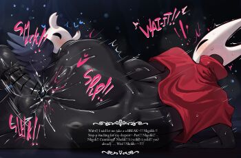 ! !! 1boy 1girl ^_^ absurdres afterimage ass backboob bar_censor black_skin blush breasts brother_and_sister censored cloak closed_eyes colored_skin dialogue_box english_text grey_cloak half-siblings heart hetero highres hollow_knight hornet_(hollow_knight) huge_ass huge_breasts huge_penis huge_testicles incest knight_(hollow_knight) looking_at_another lying motion_blur nude on_side penis peterh_mon pussy_juice red_cloak sex siblings size_difference smaller_dominant sound_effects sweat testicles vaginal veins veiny_penis wide_hips