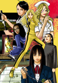 Rule 34 | 6+girls, awoi kei, beatrix kiddo, black hair, blonde hair, blood, breasts, bruce lee's jumpsuit, cellphone, cleavage, elle driver, eyepatch, hair ornament, hat, holding, holding knife, holding phone, holding sword, holding syringe, holding weapon, ishii o-ren, japanese clothes, jumpsuit, kill bill, knife, multiple girls, nurse cap, phone, shoes, sofie fatale, sword, syringe, vernita green, weapon, yellow shoes, yuubari gogo
