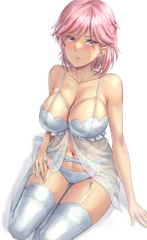 1girl absurdres alternate_costume babydoll breasts earrings garter_belt giuseppe_garibaldi_(kancolle) highres jewelry kantai_collection kokuzou large_breasts looking_at_viewer navel panties pink_eyes pink_hair red_streaks short_hair sitting solo stud_earrings thighhighs underwear underwear_only white_babydoll white_garter_belt white_panties white_thighhighs