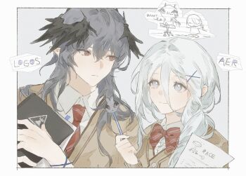 Rule 34 | 1boy, 1girl, aefanyer, alternate costume, arknights, artist self-insert, black hair, blue eyes, book, chair, chibi, commentary, couple, hetero, highres, logos (arknights), necktie, oc x canon, on chair, original, pen, pointy ears, red eyes, red necktie, red ribbon, ribbon, school uniform, smile, untranslatable commentary, upper body, white hair