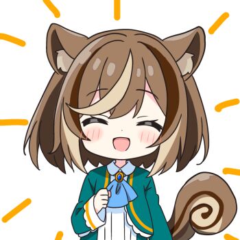 1girl :d ^_^ animal_ears ascot blue_ascot blush brown_hair closed_eyes collared_shirt commentary_request dot_nose facing_viewer green_jacket hand_up jacket kotatsu-mazoku long_sleeves open_clothes open_jacket open_mouth original shirt short_hair simple_background smile solo squirrel_ears squirrel_girl squirrel_tail tail upper_body white_background white_shirt