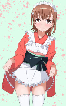 1girl alternate_costume apron brown_eyes brown_hair closed_mouth commentary falling_petals frilled_apron frills green_background hair_ornament hairpin highres japanese_clothes kimono looking_at_viewer maid maid_apron maid_headdress misaka_mikoto petals red_kimono short_hair simple_background skirt_hold smile solo tabu_(tabu_01) thighhighs toaru_kagaku_no_railgun toaru_majutsu_no_index wa_maid white_apron white_thighhighs