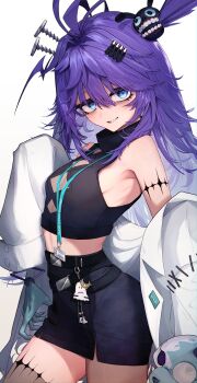 1girl absurdres ahoge armpits asymmetrical_legwear belt black_belt black_shirt black_skirt blue_eyes breasts coat cropped_shirt dr.nova(e) dr.nova(e)_(1st_costume) getto hair_ornament hashtag-only_commentary highres id_card lab_coat lanyard long_hair long_sleeves looking_at_viewer mad_scientist messy_hair midriff miniskirt object_through_head one_side_up open_clothes open_coat parted_lips purple_hair screw_in_head sharp_teeth shirt sideboob simple_background single_leg_pantyhose single_thighhigh skirt sleeveless sleeveless_shirt sleeves_past_fingers sleeves_past_wrists small_breasts smile solo teeth thighhighs v4mirai virtual_youtuber white_background white_coat