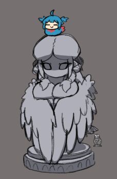 2girls :> ahoge bird bird_wings blue_hair braid breasts closed_eyes closed_mouth colored_skin doce female_focus full_body grey_background grey_skin harpy harpy_(terraria) large_breasts monster_girl multiple_girls no_mouth no_nipples no_pupils pointy_ears reference_inset statue terraria twin_braids winged_arms wings