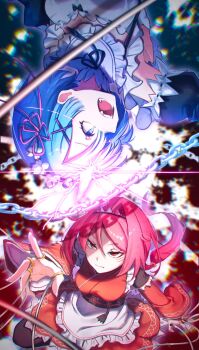 2girls apron black_ribbon blue_eyes blue_hair breasts chain closed_mouth detached_sleeves fangs hair_ornament hair_over_one_eye hair_ribbon highres japanese_clothes jewelry kimono long_hair long_sleeves maid maid_apron maid_headdress multiple_girls nesigita_rezero open_mouth pink_hair pink_ribbon re:zero_kara_hajimeru_isekai_seikatsu red_eyes red_hair red_kimono rem_(re:zero) ribbon ring roswaal_mansion_maid_uniform short_hair siblings sisters thighhighs twins upside-down waist_apron wide_sleeves x_hair_ornament yae_tenzen