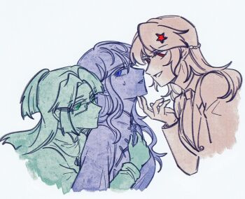 3girls blunt_ends china_dress chinese_clothes closed_mouth collared_dress cpc_(tkotu) dpp_(tkotu) dress expressionless hair_ornament half_updo hand_on_another&#039;s_chest hand_on_another&#039;s_chin hand_up highres jacket kmt_(tkotu) limited_palette long_hair long_sleeves multiple_girls necktie parted_bangs parted_lips partyhumans pointing pointing_at_another red_eyes simple_background smile spot_color star_(symbol) star_hair_ornament sweatdrop tkotu white_background yuri