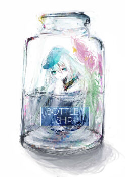 10s 1girl assi blue_eyes bottle caption english_text female_focus hat hibiki_(kancolle) highres in_bottle in_container in_water kantai_collection knees_to_chest long_hair looking_at_viewer pun simple_background sitting sketch solo too_literal white_background white_hair