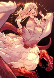 1girl :d artist_name black_background black_claws blonde_hair blood blood_on_clothes blood_on_face chimera chinese_commentary commentary_request dragon_girl dragon_tail dungeon_meshi falin_touden falin_touden_(chimera) feathered_wings feathers highres lianbiglian light_blush monster_girl open_mouth red_scales shirt smile solo tail white_shirt wings yellow_eyes