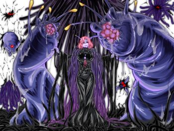 1girl antennae arms_up black_dress breasts button_gap colored_skin cracked_background creature dimensional_eroder_(mon-musu_quest!) dress eyes_visible_through_hair for-u game_cg gown large_breasts large_variant_set light_smile long_hair mon-musu_quest! mon-musu_quest:_paradox monster_girl nose open_mouth outstretched_arms pink_hair purple_skin red_eyes short_hair slug slug_girl standing tall_female tentacles turtleneck variant_set yellow_eyes