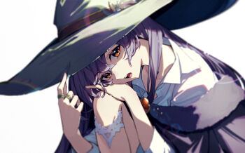 1girl essual_(layer_world) hair_between_eyes hat highres jewelry long_hair looking_at_viewer multiple_rings open_mouth original purple_hair ring shirt solo white_background white_shirt witch witch_hat