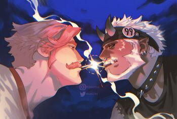 2boys adam&#039;s_apple akumicke bara beard black_headband cigarette_kiss collar demon_boy demon_horns eye_contact face_piercing facial_hair from_side full_beard headband highres horns interracial long_sideburns looking_at_another male_focus mature_male monster_boy multiple_boys mustache nose_piercing nose_ring original piercing pink_hair pointy_ears portrait profile shirt short_hair sideburns skull_print sleeveless sleeveless_shirt smoke smoke_trail sparkle spiked_collar spikes thick_beard thick_eyebrows thick_mustache tsurime tusks white_hair yaoi yellow_eyes