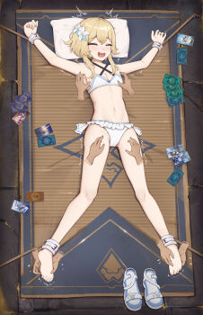 absurdres barefoot bdsm belt blonde_hair blush bondage bound bound_ankles bound_wrists bra breasts card closed_eyes genshin_impact hair_between_eyes highres juzi_(orange8619) lumine_(genshin_impact) lying motion_lines on_back open_mouth outstretched_arms panties pillow restrained saliva saliva_trail sandals shiny_skin short_hair sidelocks small_breasts soles spread_arms spread_eagle_position spread_legs tickling tickling_armpits tickling_feet tickling_legs toes trembling underwear unworn_sandals white_bra white_panties