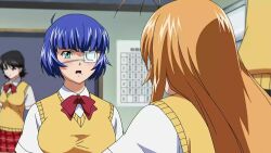 00s animated anime_screenshot blue_hair bouncing_breasts breasts eyepatch highres ikkitousen ikkitousen_great_guardians indoors interior large_breasts ryomou_shimei tagme video