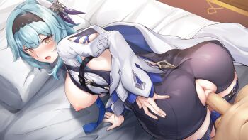 Rule 34 | 1boy, 1girl, all fours, anus, ass, bed sheet, bent over, blue necktie, blush, breasts, breasts out, cape, censored, clothed female nude male, clothed sex, commentary request, eula (genshin impact), genshin impact, hair ornament, hairband, hand on own ass, hetero, highres, large breasts, large variant set, leotard, long hair, mosaic censoring, necktie, nipples, nude, on bed, penis, pillow, pineapp panda, puckered anus, pussy, sex, thighhighs, torn clothes, torn leotard, vaginal, variant set